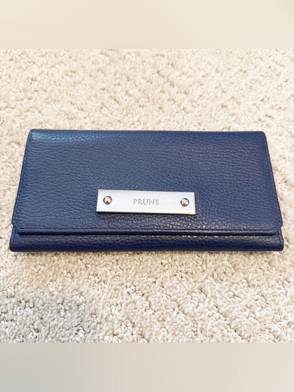 Prüne Women's Navy Blue Wallet Embossed Leather Trifold Organizer Cards NEW